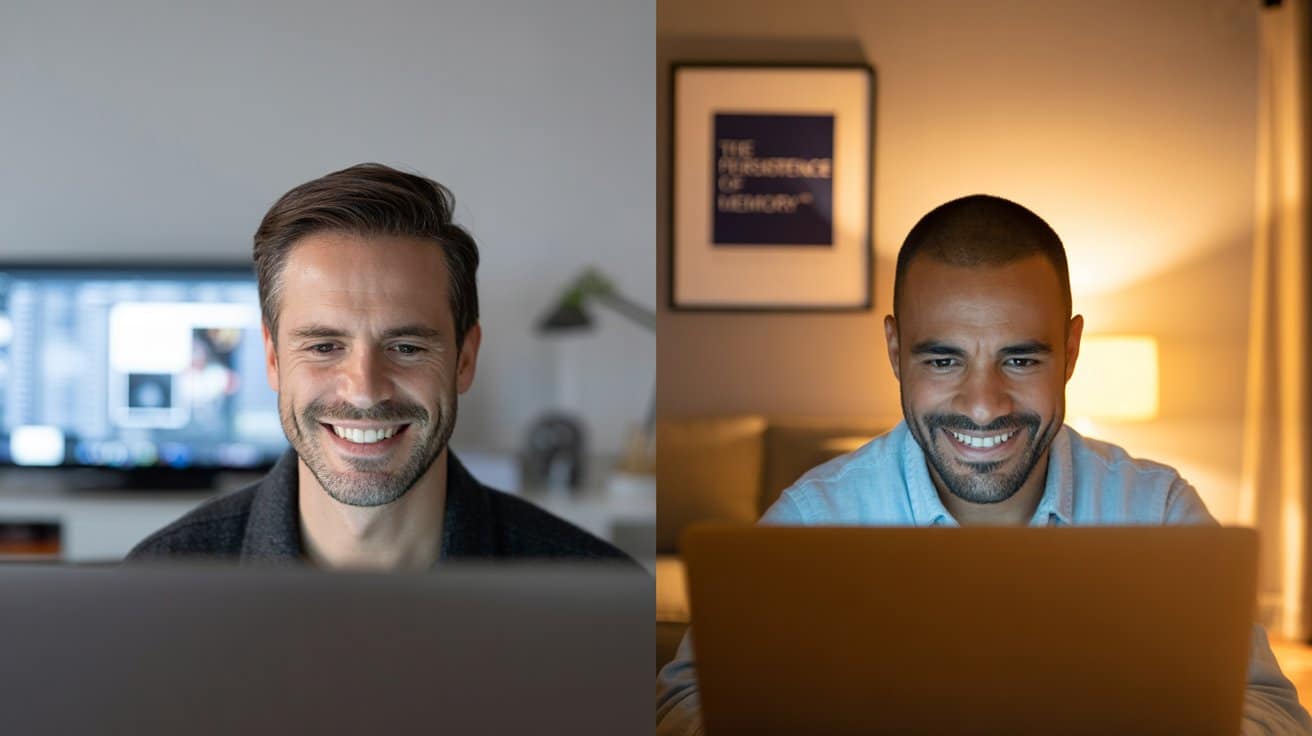 Dvojica muškaraca osmjehuju se ispred laptopa — jedan u dnevnoj sobi, drugi u toplom večernjem ambijentu, dok igraju online poker.