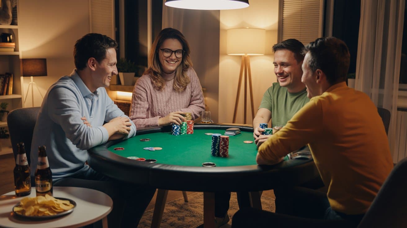 Grupa prijatelja se smije i igra poker za zelenim stolom u udobnom domu, s čipsom i pivom na stolu pored njih.