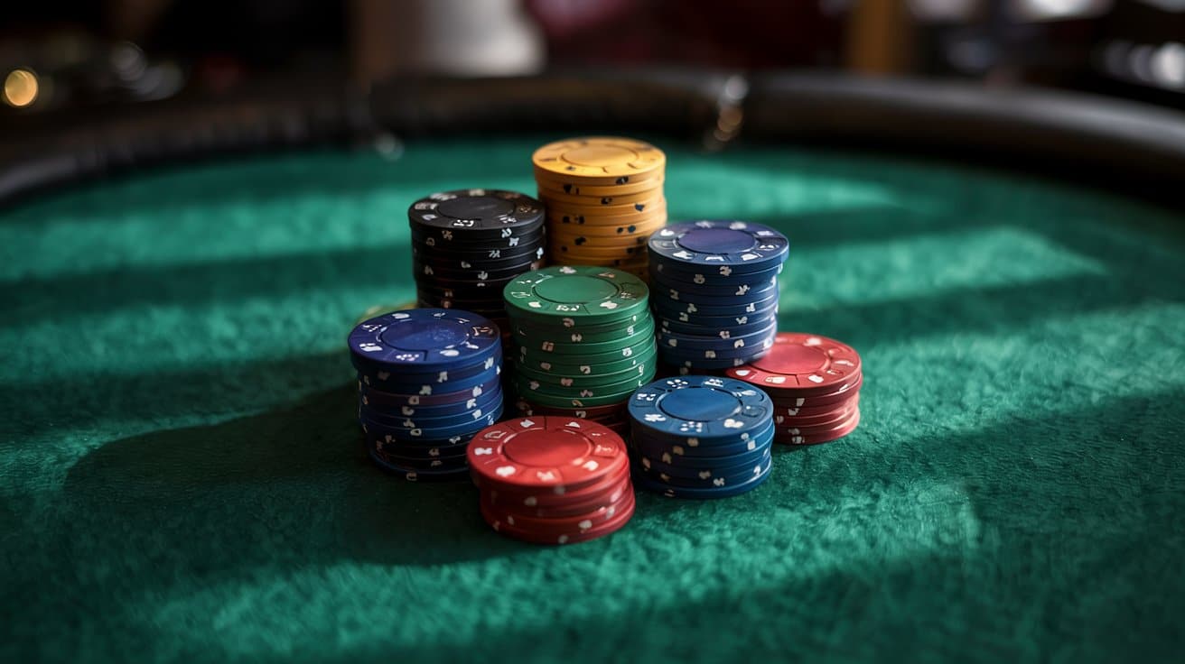 Nekoliko složenih stupića poker žetona različitih boja na zelenoj filc podlozi stola, snimljenih iz blizine.