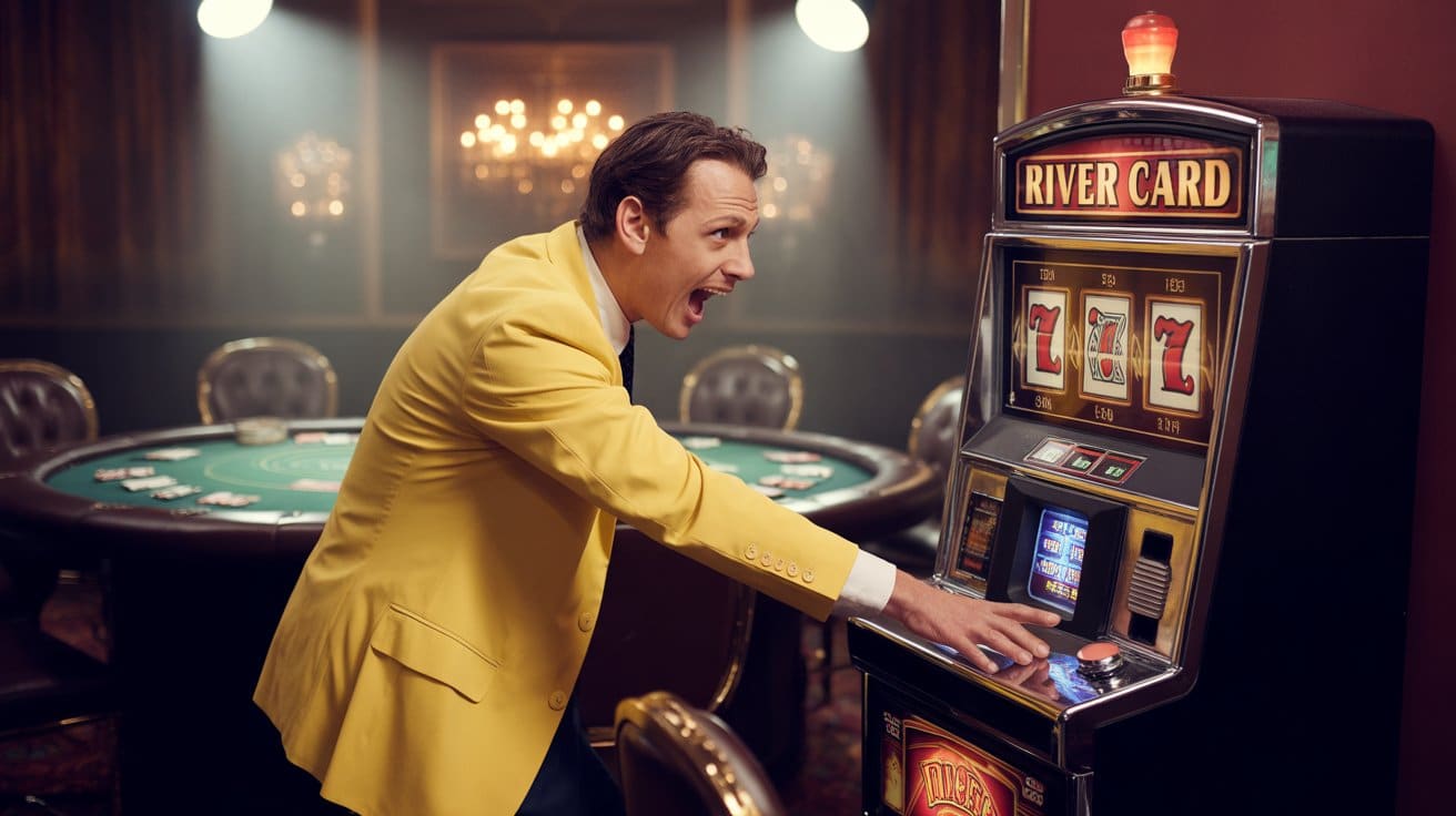 Muškarac u žutom odijelu uzbuđeno povlači ručicu slot aparata pored poker stola, dok svjetla kazina sjaje u pozadini.