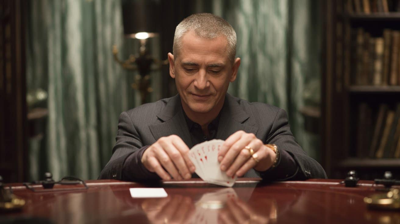 Muškarac u odijelu miješa karte za poker stolom u elegantnoj prostoriji