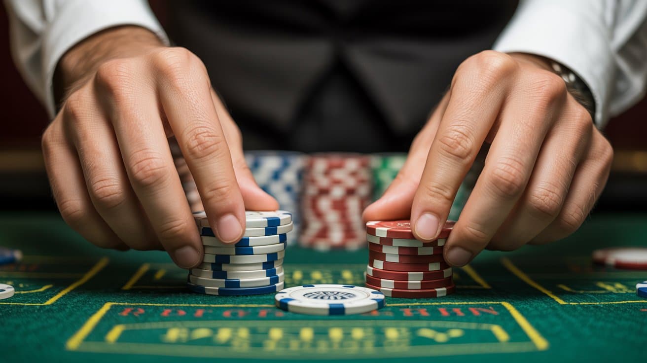 Ruke krupijea slažu žetone za poker na zelenoj površini stola