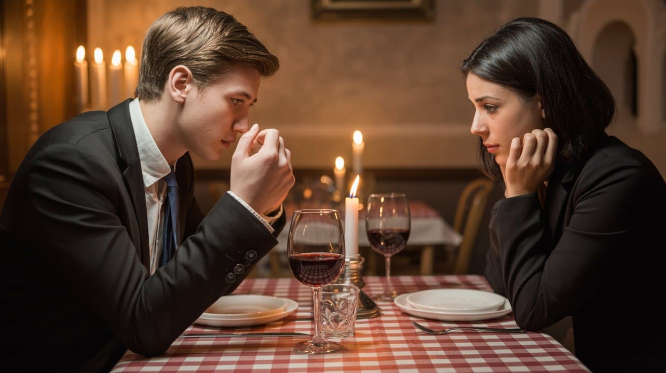 Mladi par sjedi za stolom u romantičnom restoranu uz svijeće, oboje zamišljeni i tihi, s čašama crvenog vina ispred njih.