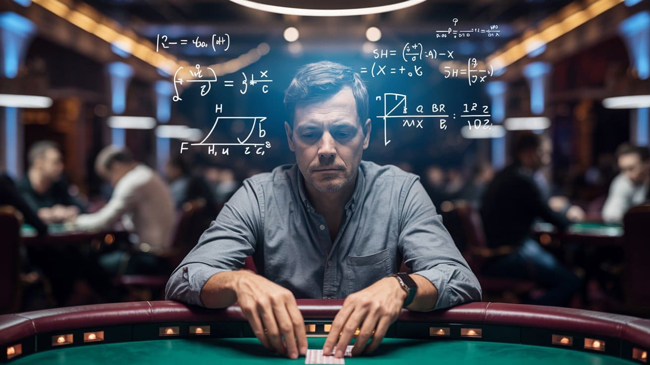Igrač pokera sjedi za stolom s matematičkim formulama koje lebde oko njega, ilustrujući proces izračunavanja vjerojatnosti u igri.