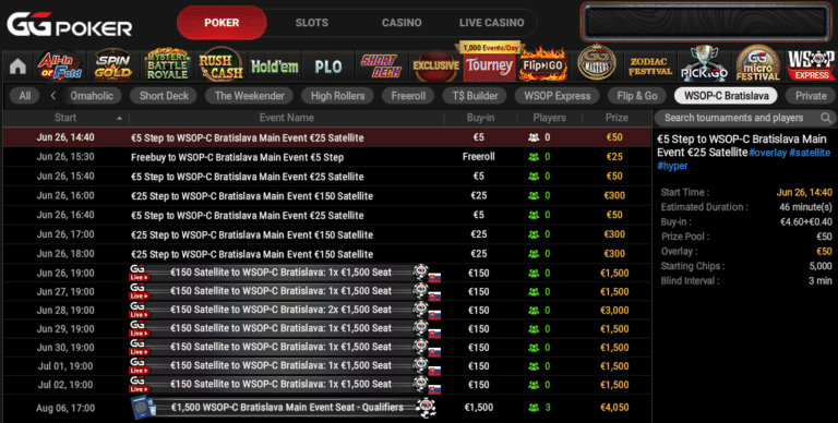 WSOP-C Bratislava 2026 selejtezők a GGPoker-en