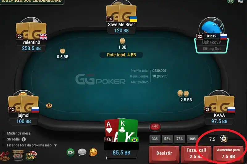 jogador com ak em uma mesa de poker online