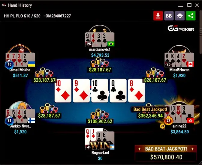 bad beat jackpot straight flush contra quadra