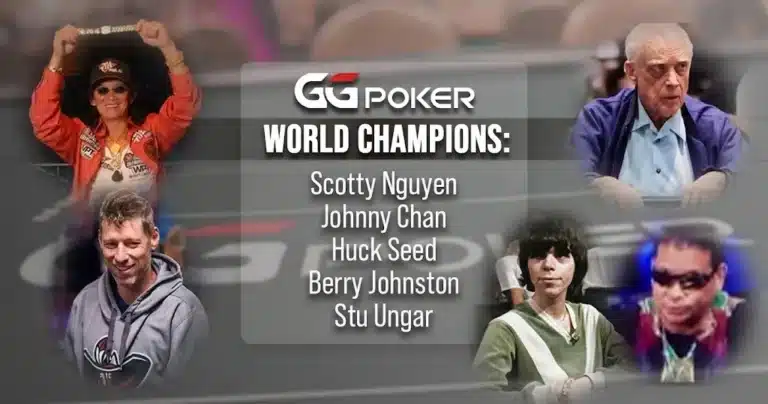 World Champions: Stu Ungar, Johnny Chan, Scotty Nguyen, Huck Seed and Berry Johnston