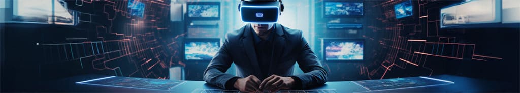 pria di meja mengenakan headset realitas virtual