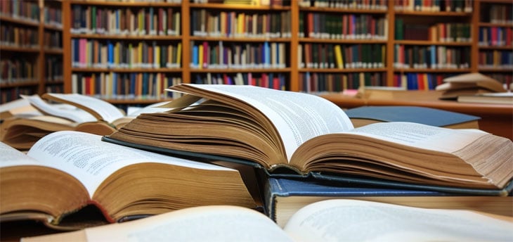 a pile of open books in a library