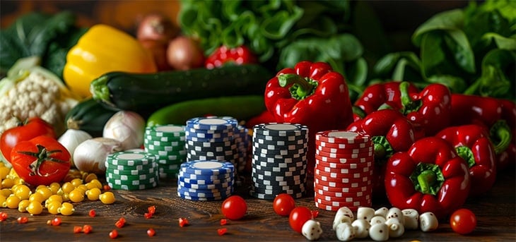 trái cây, rau củ và chip poker