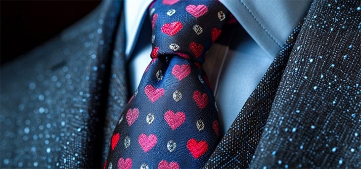 closeup of a suit and tie with hearts and diamonds